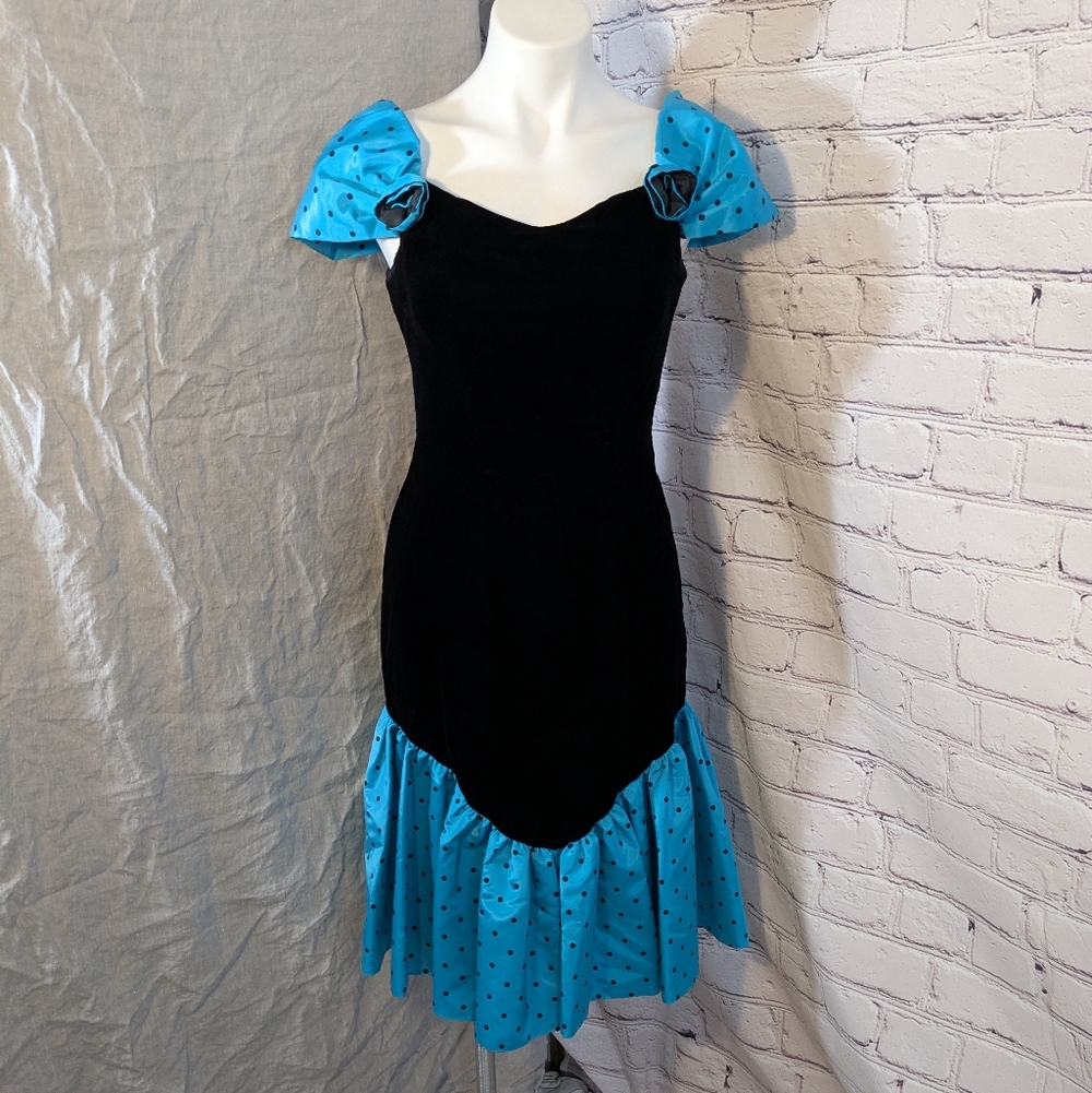 Vintage Black Velvet Prom Dress with Turquoise Polka Dot Accents - Vintage